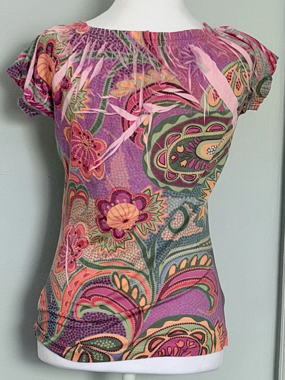 Vintage Y2K Yukiko Paisley Floral Tie Neck Boho Stretch Top Medium
